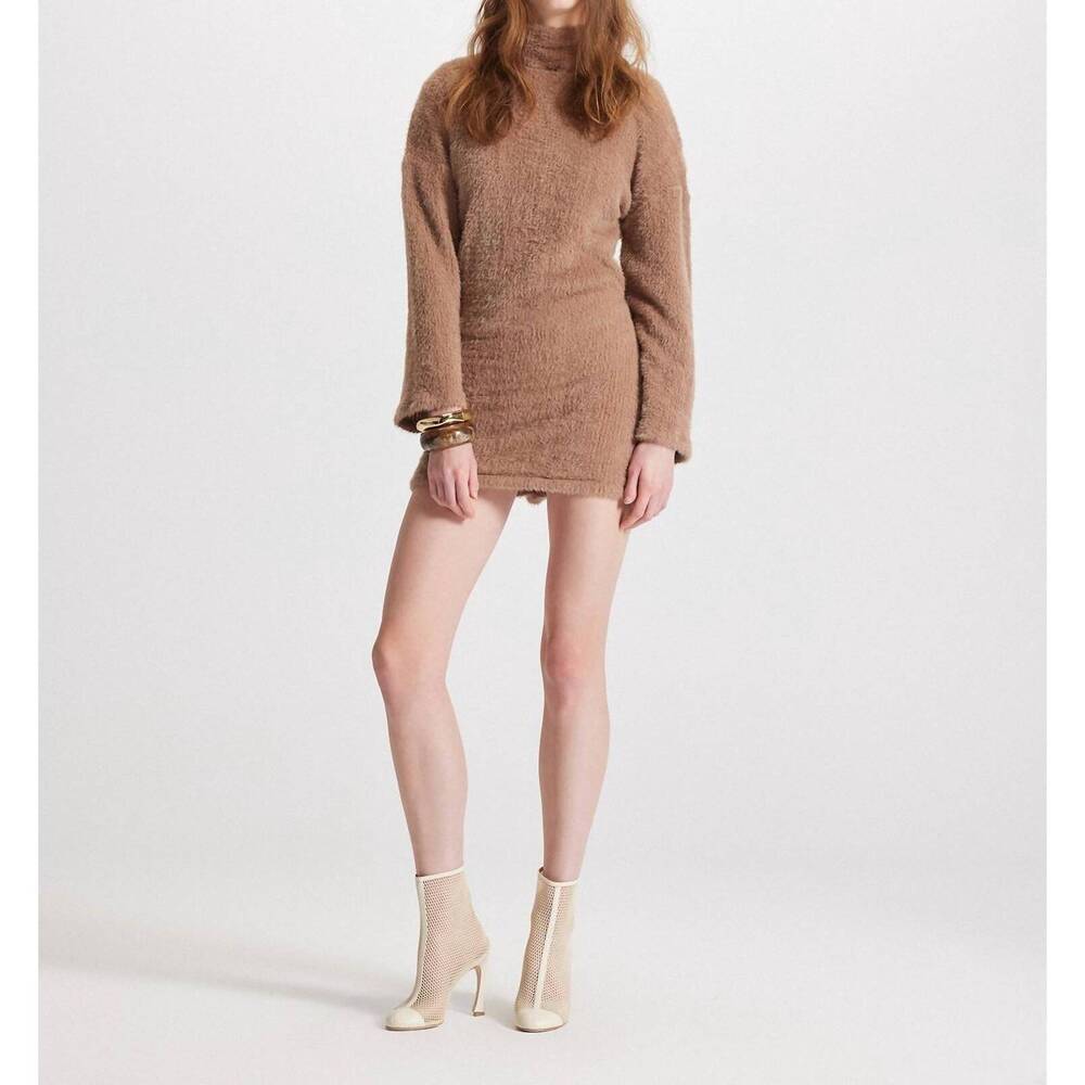 NEW THEO THE LABEL carme plush lace sweatshirt dress in cappuccino
